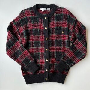 Vintage Jacobsons Holiday Plaid Sparkle Fuzzy Wool Blend Cardigan Sweater Petite